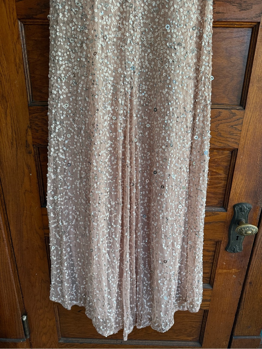 ADRIANNA PAPELL Scoop Back Sequin Maxi Gown Short Sleeve Full Length Blush Nude - Picture 5 of 9